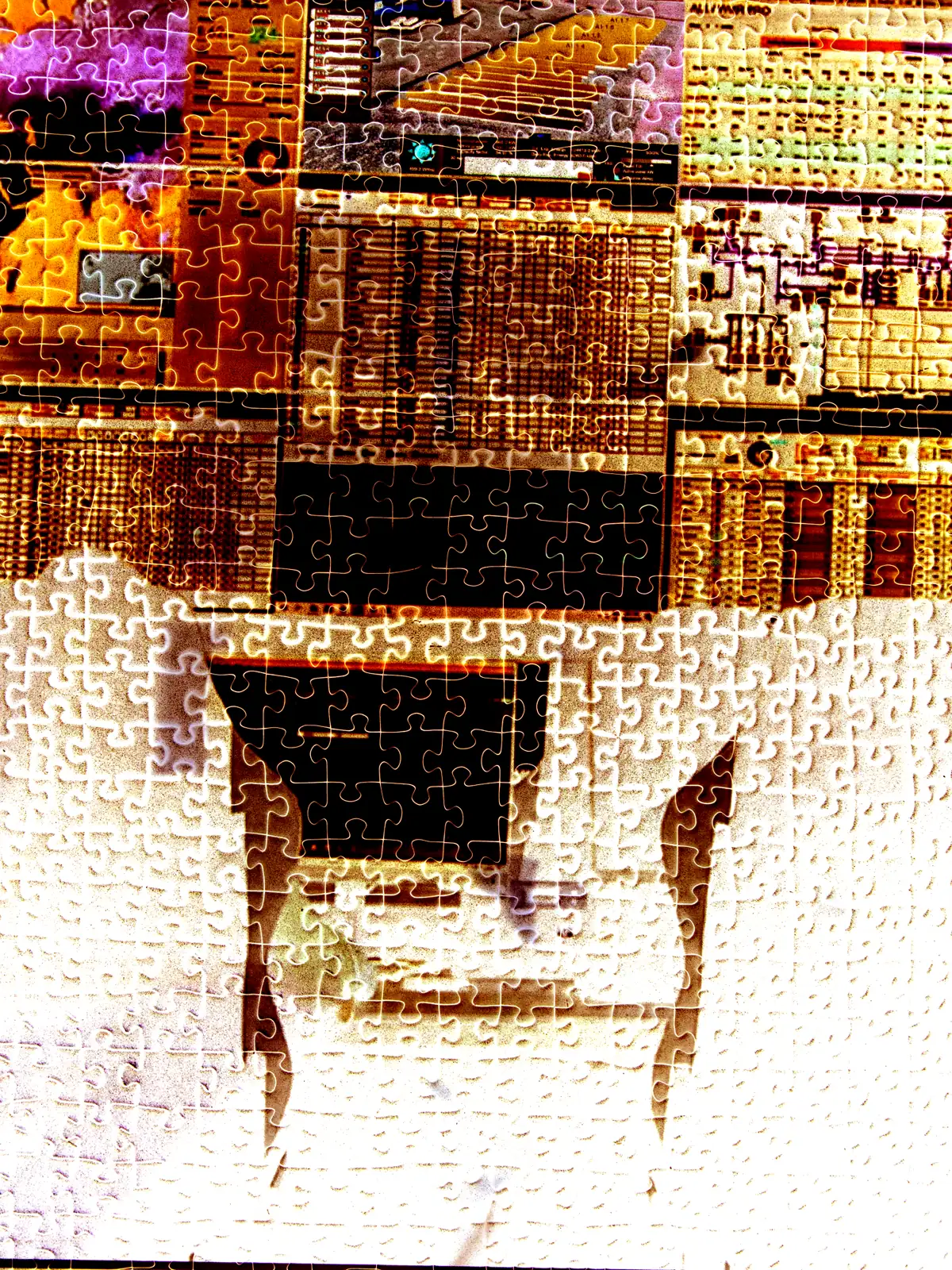 Wall of monitoring screens covered by a jigsaw-puzzle pattern